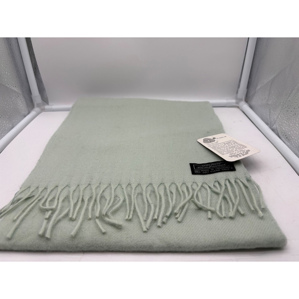 vintage sea green Lambswool Fringe Scarf Made in Uruguay Woolmark Dry Clean Only